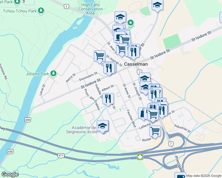 map of restaurants, bars, coffee shops, grocery stores, and more near 26 Faucher Boulevard in Casselman