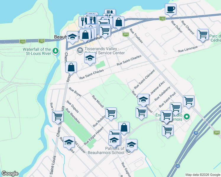 map of restaurants, bars, coffee shops, grocery stores, and more near 72 Rue du Champ-Perras in Beauharnois