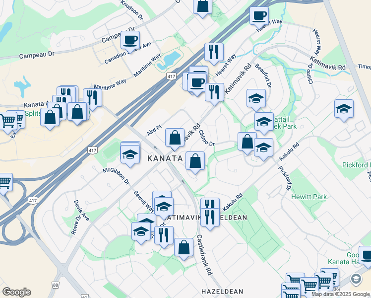 map of restaurants, bars, coffee shops, grocery stores, and more near 14 McClintock Way in Ottawa