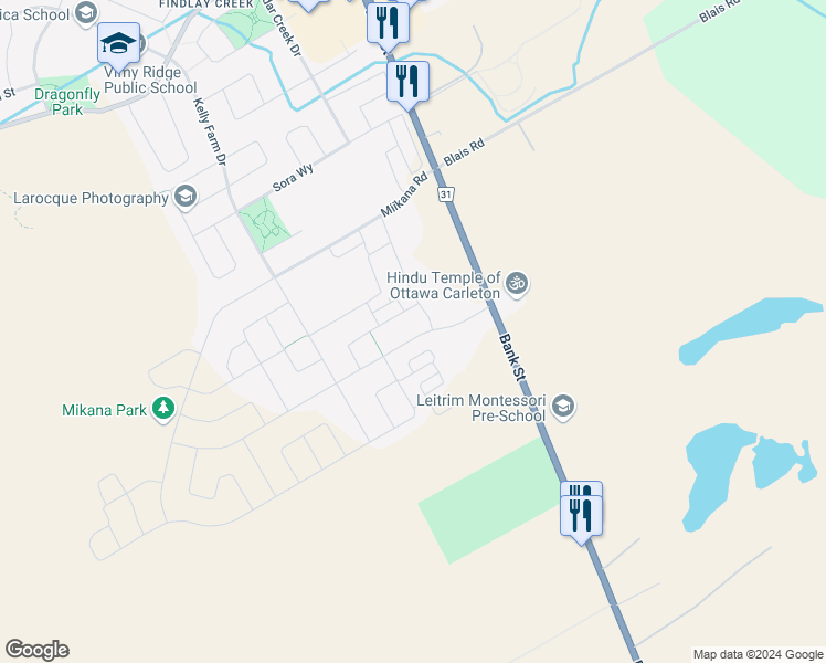 map of restaurants, bars, coffee shops, grocery stores, and more near 122 Dun Skipper Drive in Ottawa