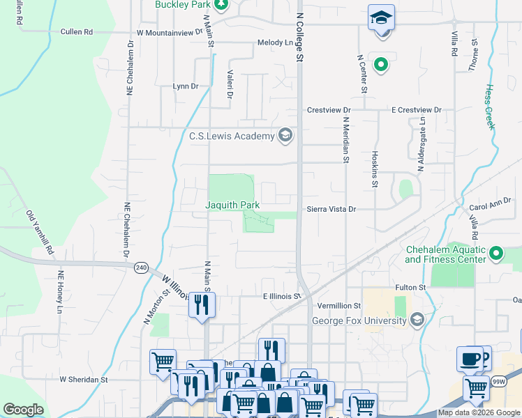 map of restaurants, bars, coffee shops, grocery stores, and more near 404 Brandon Drive in Newberg