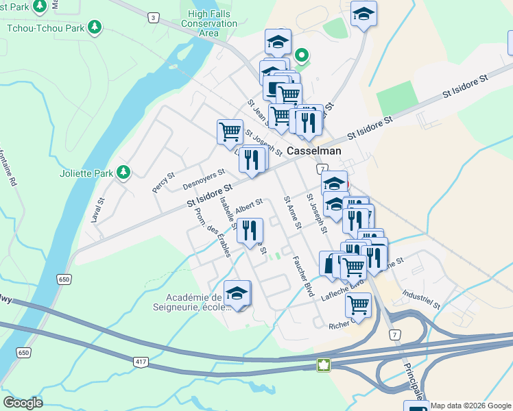 map of restaurants, bars, coffee shops, grocery stores, and more near 14 Albert Street in Casselman