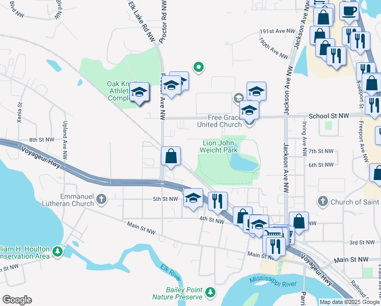 map of restaurants, bars, coffee shops, grocery stores, and more near 1105 Lions Park Drive in Elk River