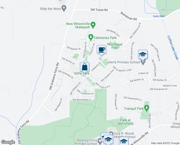 map of restaurants, bars, coffee shops, grocery stores, and more near 29021 Southwest Villebois Drive in Wilsonville