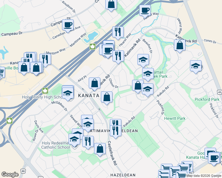 map of restaurants, bars, coffee shops, grocery stores, and more near 27 McClure Crescent in Ottawa