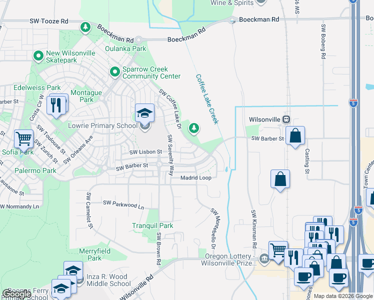 map of restaurants, bars, coffee shops, grocery stores, and more near 10398 Lisbon Street in Wilsonville