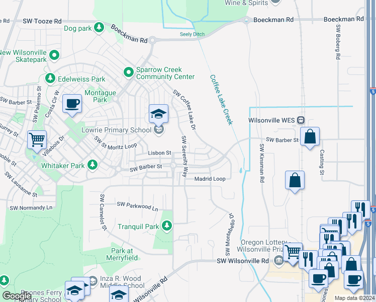 map of restaurants, bars, coffee shops, grocery stores, and more near 10535 Southwest Barber Street in Wilsonville