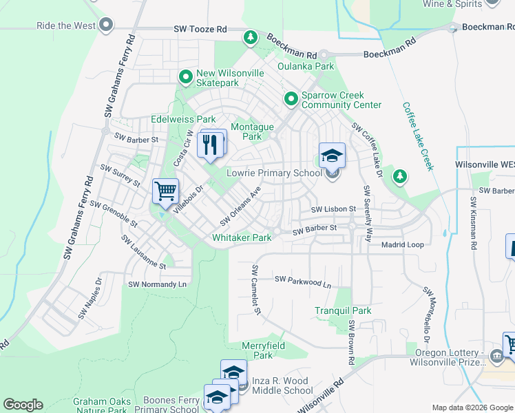 map of restaurants, bars, coffee shops, grocery stores, and more near 29285 Southwest Costa Circle East in Wilsonville