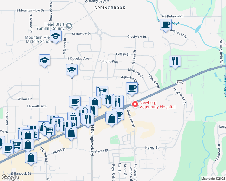map of restaurants, bars, coffee shops, grocery stores, and more near 1305 Northeast Newall Road in Newberg
