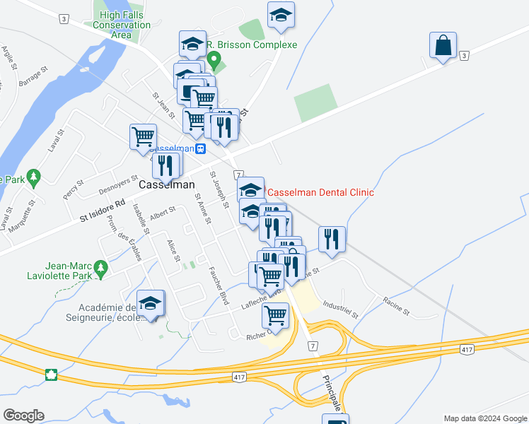 map of restaurants, bars, coffee shops, grocery stores, and more near 672 Principale Street in Casselman