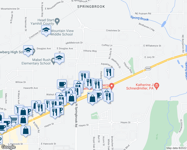 map of restaurants, bars, coffee shops, grocery stores, and more near 1305 Northeast Newall Road in Newberg