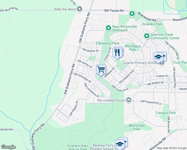 map of restaurants, bars, coffee shops, grocery stores, and more near 11832 Southwest Palermo Street in Wilsonville