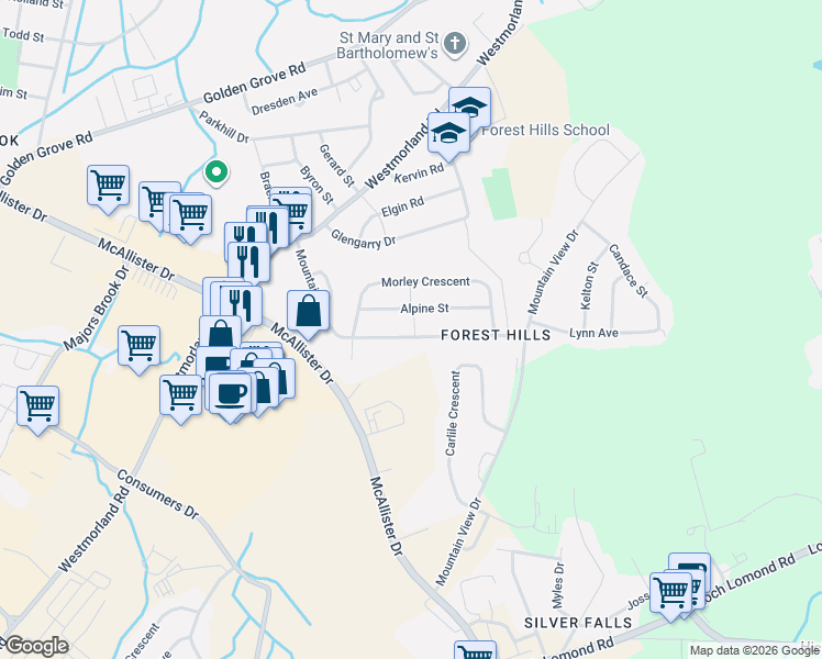 map of restaurants, bars, coffee shops, grocery stores, and more near 49 Mountain Road in Saint John