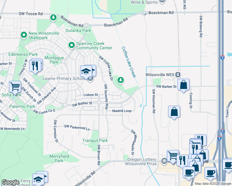 map of restaurants, bars, coffee shops, grocery stores, and more near 10365 Lisbon Street in Wilsonville