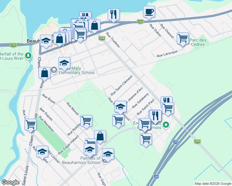 map of restaurants, bars, coffee shops, grocery stores, and more near 554 Rue Saint-Clément in Beauharnois