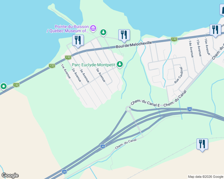 map of restaurants, bars, coffee shops, grocery stores, and more near 57 5e Avenue in Beauharnois