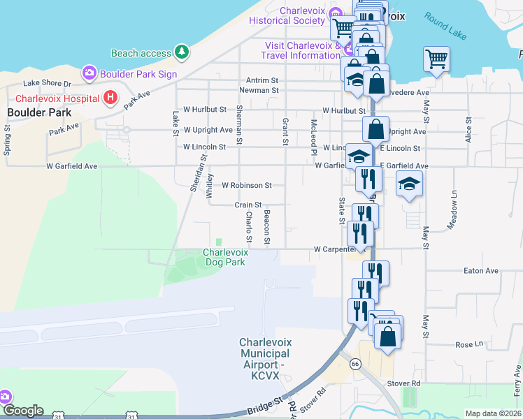 map of restaurants, bars, coffee shops, grocery stores, and more near 1100-1198 Charlo St in Charlevoix
