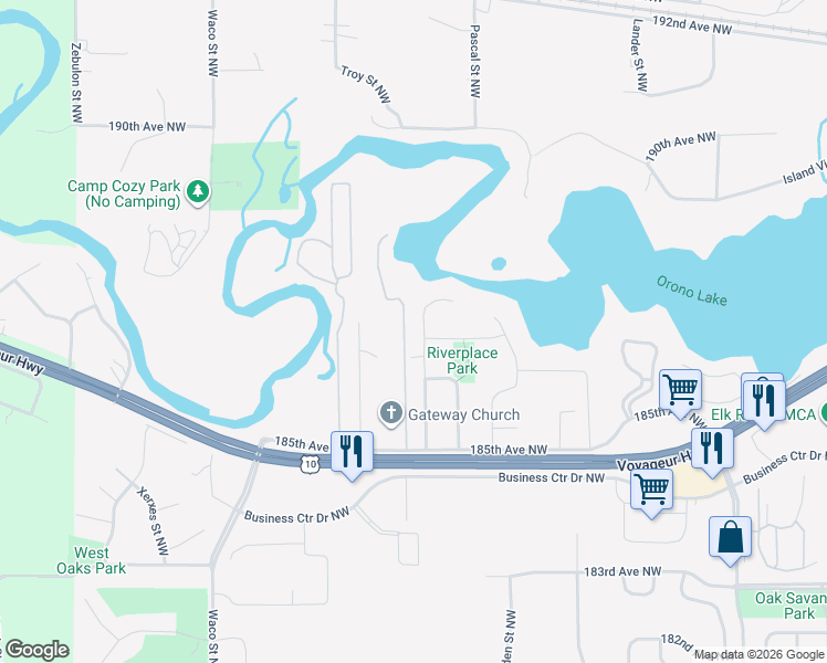 map of restaurants, bars, coffee shops, grocery stores, and more near 18610 Queen Circle Northwest in Elk River