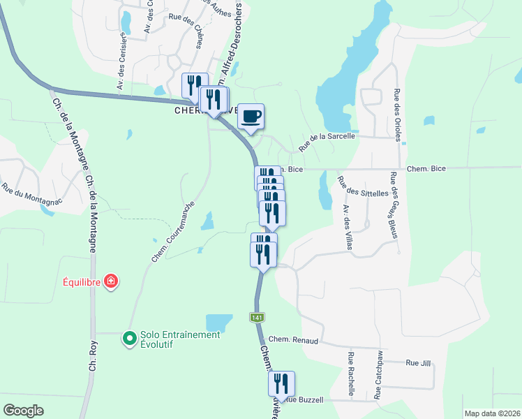 map of restaurants, bars, coffee shops, grocery stores, and more near 8 Chemin du Parc in Eastman