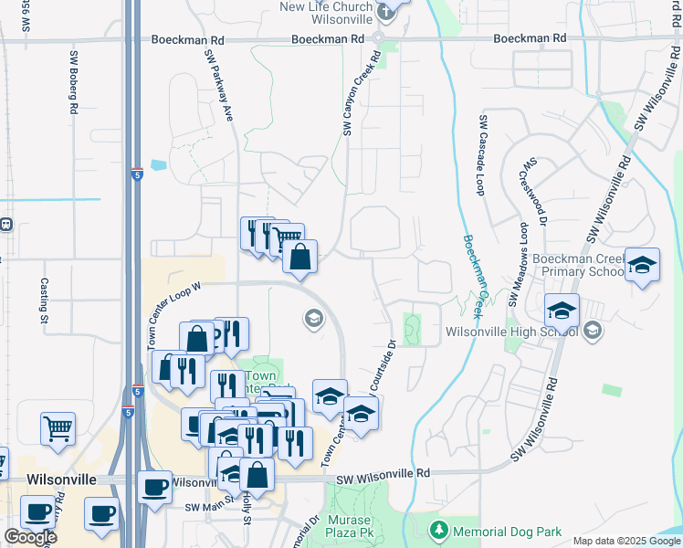 map of restaurants, bars, coffee shops, grocery stores, and more near 8170 Southwest Vlahos Drive in Wilsonville