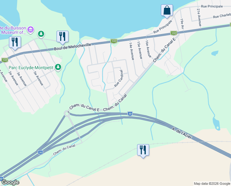 map of restaurants, bars, coffee shops, grocery stores, and more near 14 Rue Évariste-Leboeuf in Beauharnois