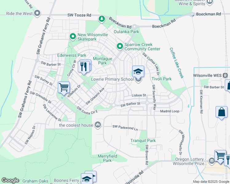map of restaurants, bars, coffee shops, grocery stores, and more near Southwest Saint Moritz Loop in Wilsonville