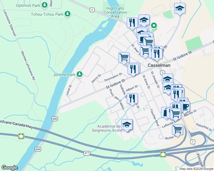 map of restaurants, bars, coffee shops, grocery stores, and more near 728 Saint Isidore Road in Casselman