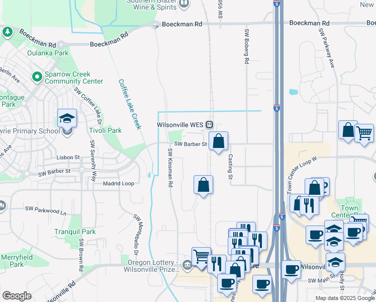 map of restaurants, bars, coffee shops, grocery stores, and more near 9750 Southwest Barber Street in Wilsonville