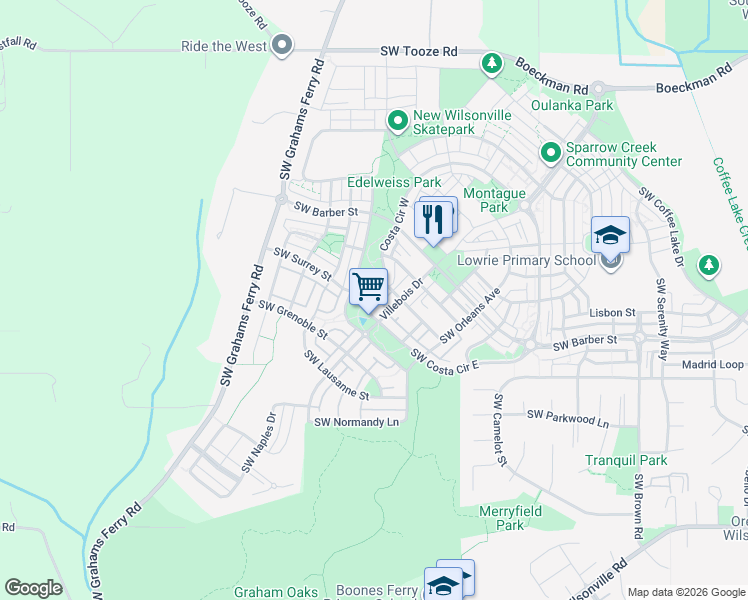 map of restaurants, bars, coffee shops, grocery stores, and more near 11879 Southwest Palermo Street in Wilsonville