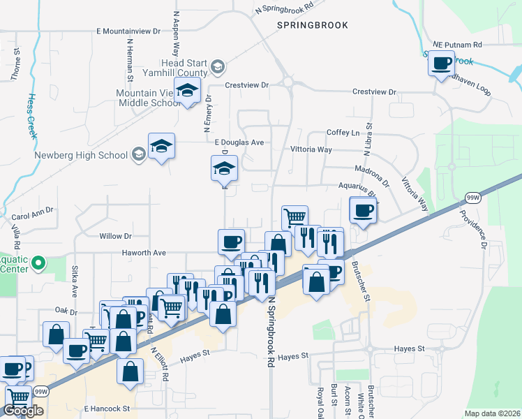 map of restaurants, bars, coffee shops, grocery stores, and more near 1209 North Springbrook Road in Newberg