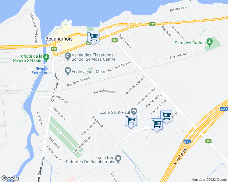 map of restaurants, bars, coffee shops, grocery stores, and more near 126 A Rue Saint-Charles in Beauharnois