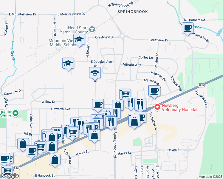 map of restaurants, bars, coffee shops, grocery stores, and more near 1401 North Springbrook Road in Newberg