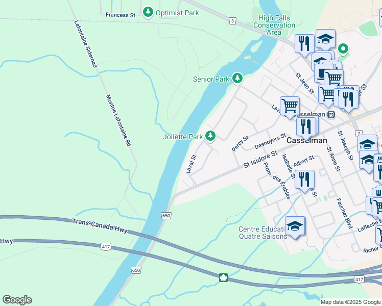 map of restaurants, bars, coffee shops, grocery stores, and more near 852 Laval Street in Casselman