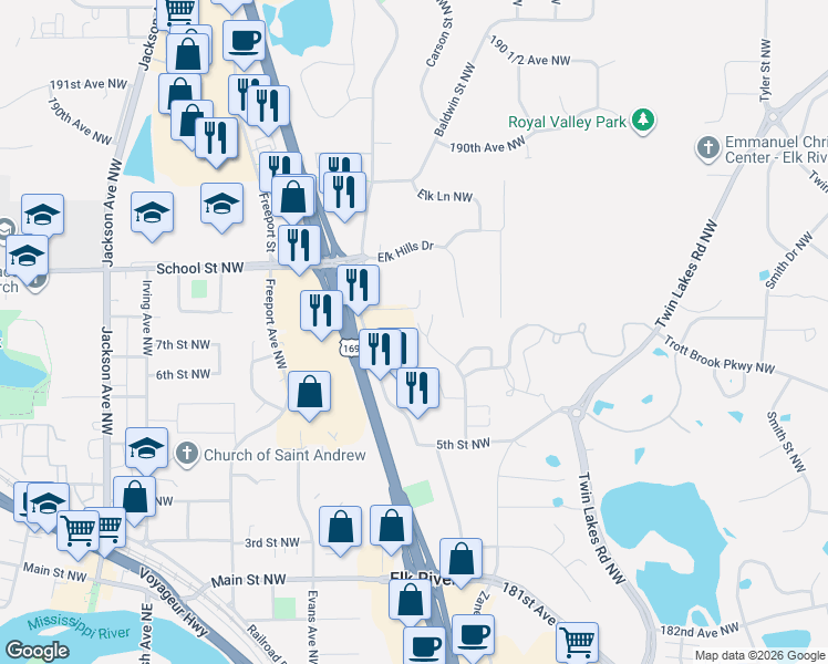 map of restaurants, bars, coffee shops, grocery stores, and more near 244 8th Street Northwest in Elk River