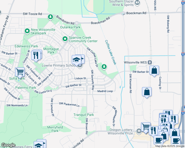 map of restaurants, bars, coffee shops, grocery stores, and more near 28746 Southwest Serenity Way in Wilsonville