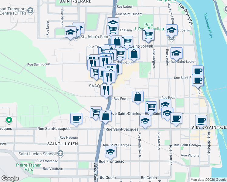 map of restaurants, bars, coffee shops, grocery stores, and more near 320 Boulevard du Séminaire Nord in Saint-Jean-sur-Richelieu