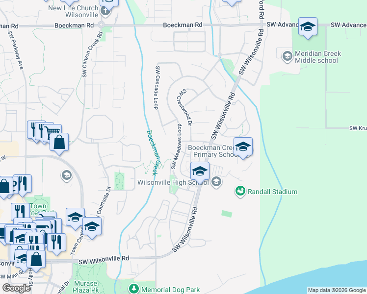 map of restaurants, bars, coffee shops, grocery stores, and more near 28989 Southwest Meadows Loop in Wilsonville