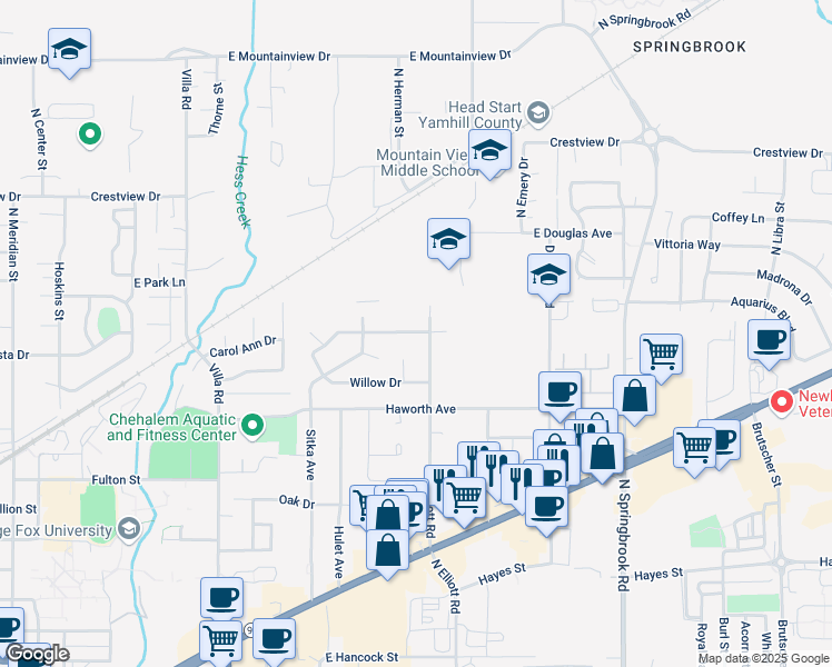 map of restaurants, bars, coffee shops, grocery stores, and more near 2409 Hawthorne Drive in Newberg