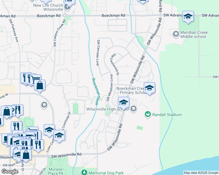 map of restaurants, bars, coffee shops, grocery stores, and more near 29103 Southwest Meadows Loop in Wilsonville