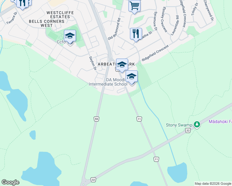 map of restaurants, bars, coffee shops, grocery stores, and more near 90 Songbird Private in Ottawa