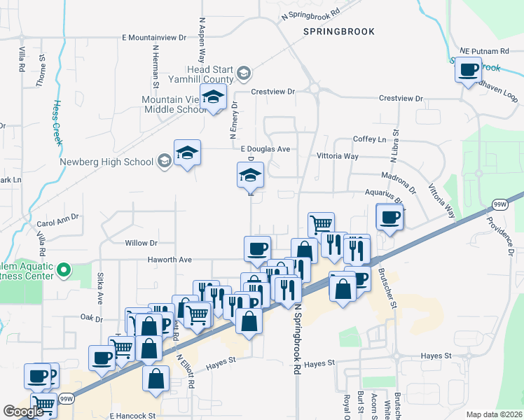 map of restaurants, bars, coffee shops, grocery stores, and more near 1212 Deborah Road in Newberg