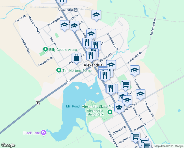 map of restaurants, bars, coffee shops, grocery stores, and more near Mill Square in Alexandria