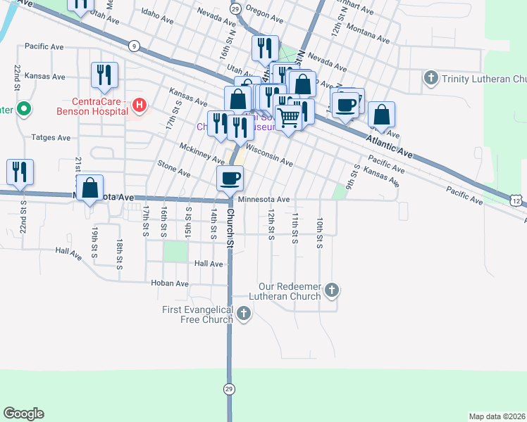 map of restaurants, bars, coffee shops, grocery stores, and more near 606 12th Street South in Benson