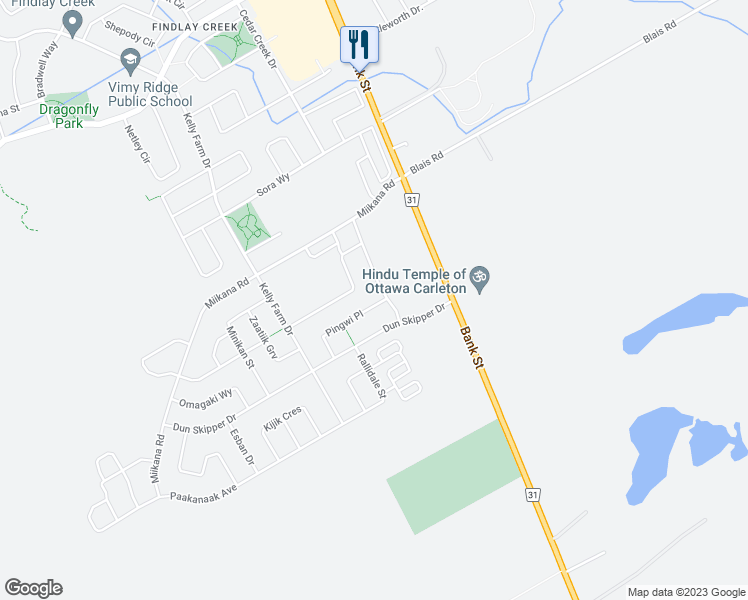 map of restaurants, bars, coffee shops, grocery stores, and more near 1063 Cedar Creek Drive in Ottawa