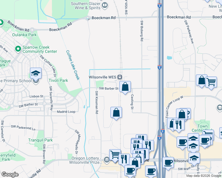 map of restaurants, bars, coffee shops, grocery stores, and more near 9750 Southwest Barber Street in Wilsonville