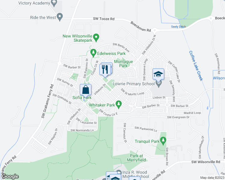 map of restaurants, bars, coffee shops, grocery stores, and more near Southwest Ravenna Loop in Wilsonville