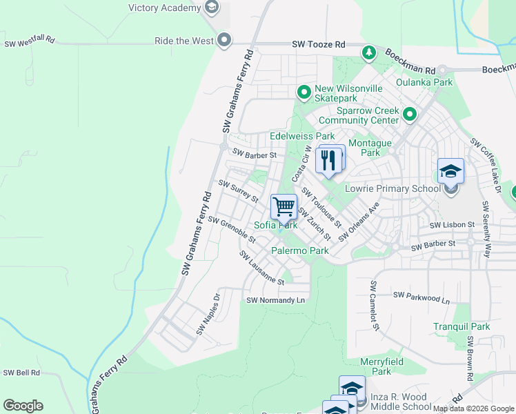 map of restaurants, bars, coffee shops, grocery stores, and more near 11970 Southwest Surrey Street in Wilsonville