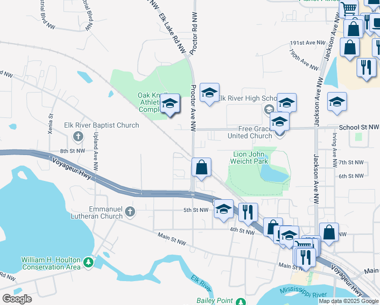 map of restaurants, bars, coffee shops, grocery stores, and more near 755 Proctor Avenue Northwest in Elk River
