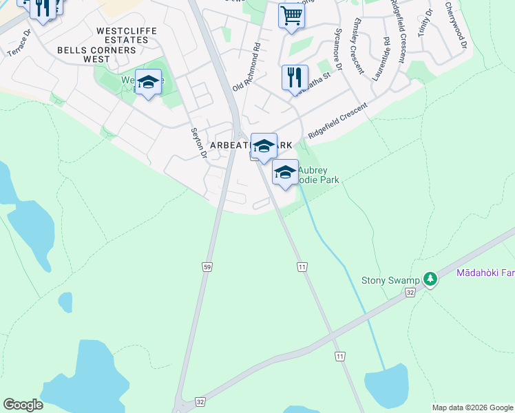 map of restaurants, bars, coffee shops, grocery stores, and more near 107 Songbird Private in Ottawa