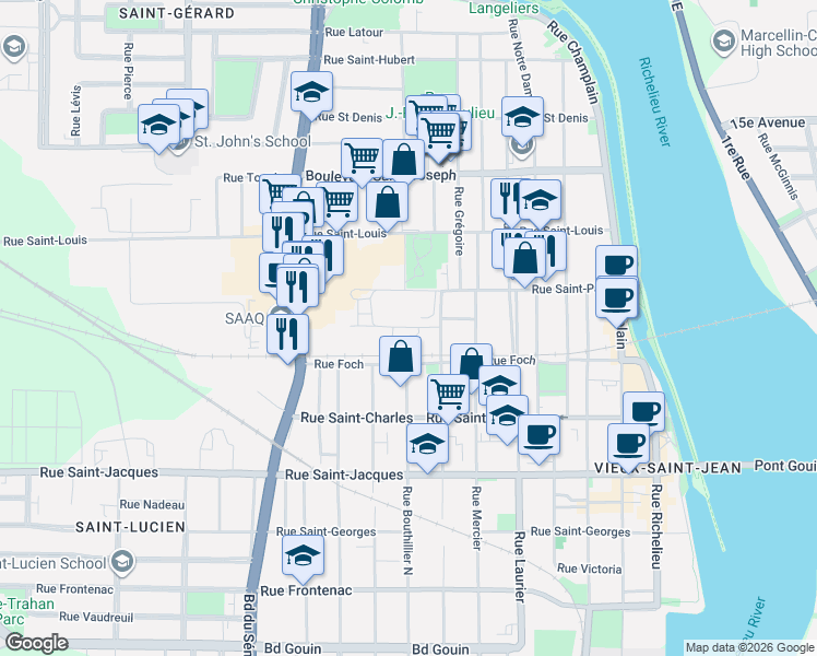 map of restaurants, bars, coffee shops, grocery stores, and more near Rue de la Cabinetterie in Saint-Jean-sur-Richelieu